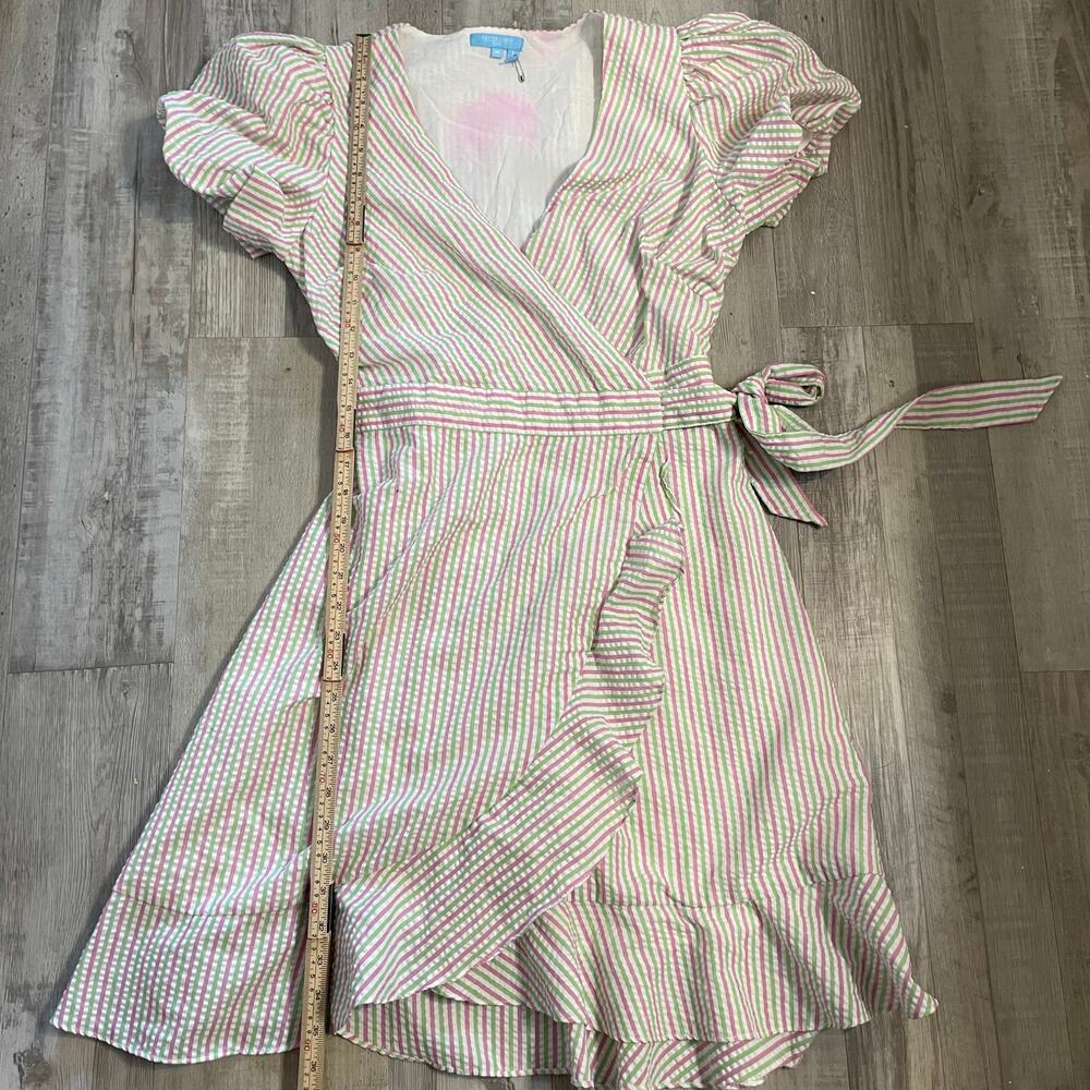 DRAPER JAMES RSVP Puff Sleeve Wrap Dress Ruffled Seersucker Striped Sz medium - Picture 6 of 16